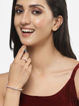 ZENEME - White Rose Gold Plated Crystal American Diamond Bracelet with Ring