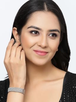 ZENEME - Silver Rhodium-Plated American Diamond Studded Adjustable Bracelet Cuff