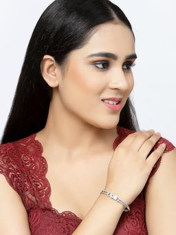 ZENEME - White Rhodium-Plated Silver Toned Crystal AD Studded Flower Kada Bracelet