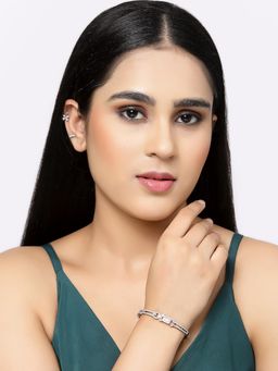 ZENEME - Pink Rhodium-Plated Silver Toned Crystal AD Studded Flower Kada Bracelet