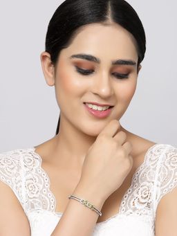 ZENEME - Light Green Rhodium-Plated Silver Toned Crystal AD Studded Flower Kada Bracelet