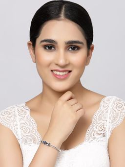 ZENEME - Blue Rhodium-Plated Silver Toned Crystal AD Studded Flower Kada Bracelet