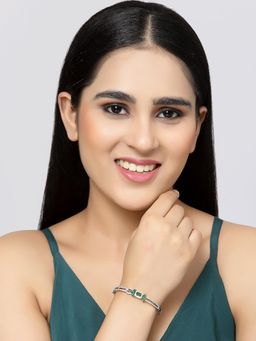 ZENEME - Leaf Green Rhodium-Plated Silver Toned Crystal AD Studded Flower Kada Bracelet