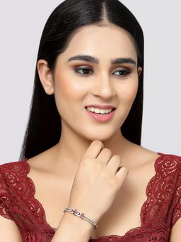 ZENEME - Red Rhodium-Plated Silver Toned Crystal AD Studded Flower Kada Bracelet