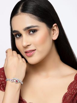 ZENEME - Red Rhodium-Plated Silver American Diamond Leaf Kada Bracelet