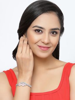 ZENEME - Pink Rhodium-Plated Silver American Diamond Leaf Kada Bracelet