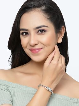 ZENEME - Lime Green Rhodium-Plated Silver Toned American Diamond Openable Bracelet