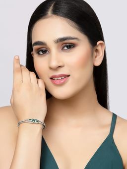 ZENEME - Green Rhodium-Plated Silver Toned American Diamond Openable Bracelet