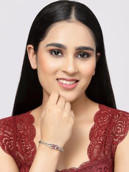 ZENEME - Red Rhodium-Plated Silver Toned American Diamond Openable Bracelet