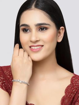 ZENEME - White Rhodium-Plated Silver Toned American Diamond Crystal Kada Bracelet