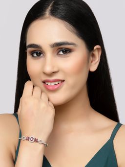 ZENEME - Red Rhodium-Plated Silver Toned American Diamond Crystal Kada Bracelet