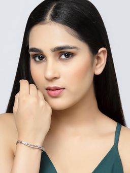 ZENEME - White Rhodium-Plated Silver Toned American Diamond Openable Kada Bracelet