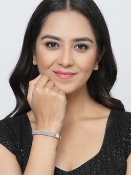 ZENEME - White Rhodium-Plated Silver Toned American Diamond Studded Bracelet