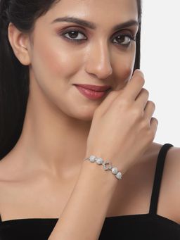 ZENEME - Silver Rhodium Plated American Diamond Studded Square Shaped Adjustable Bracelet