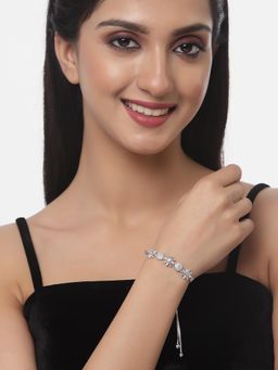 ZENEME - Silver Rhodium Plated Toned Crystal AD Studded Adjustable Link Bracelet