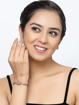 ZENEME - Pink Rose Gold Plated Gun Metal Crystal AD Contemporary Kada Style Bracelet