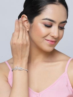 ZENEME - Pink Rhodium-Plated Silver Toned Flower American Diamond Kada Bracelet