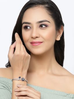 ZENEME - Blue Rhodium-Plated Silver Toned Flower American Diamond Kada Bracelet