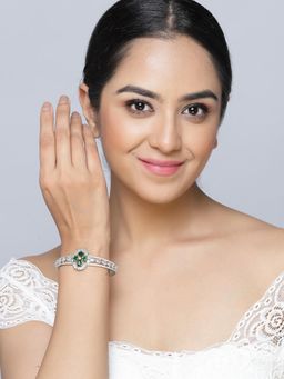 ZENEME - Green Rhodium-Plated Silver Toned American Diamond Bracelet
