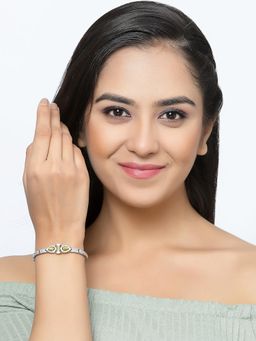 ZENEME - Green Rhodium-Plated Silver Toned American Diamond Studded Bracelet