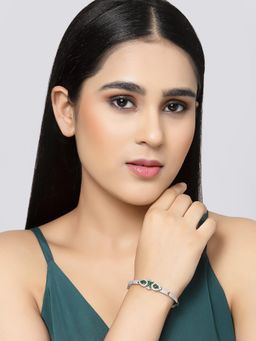 ZENEME - Green Rhodium-Plated Silver Toned American Diamond Studded Bracelet