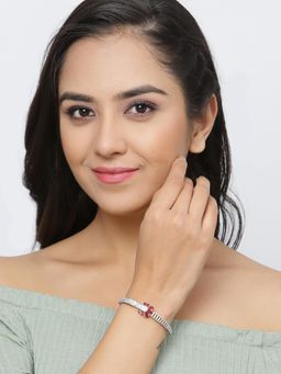 ZENEME - Red Rhodium-Plated Silver Toned American Diamond Charming Bracelet