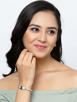 ZENEME - Green Rhodium Plated Silver Toned Crystal American Diamond Kada Bracelet