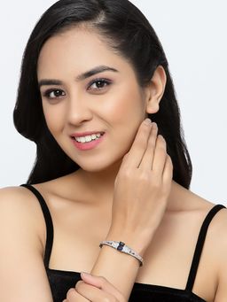 ZENEME - Blue Rose Gold Plated Gunmetal Toned American Diamond Kada Bracelet