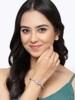 ZENEME - White Rose Gold Plated Gunmetal Toned Crystal American Diamond Bracelet