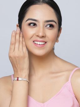 ZENEME - Red Rhodium Plated Silver Toned Crystal American Diamond Kada Bracelet