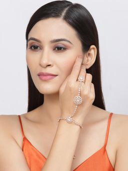 ZENEME - Rose Gold Plated Crystal Studded AD Connected Ring Bracelet