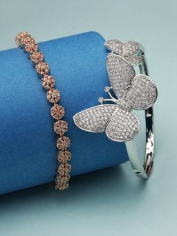 ZENEME - Silver & Rose Gold American Diamond Round & Butterfly Bracelets