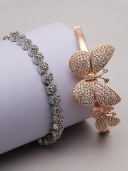 ZENEME - Silver & Rose Gold American Diamond Round & Butterfly Bracelets