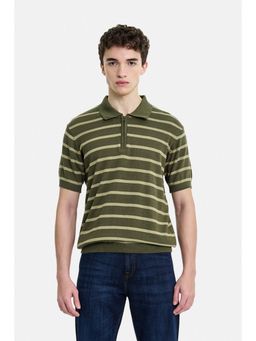 Snitch - Olive Stripes Half Sleeves Regular Casual Polo T-Shirt