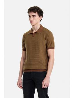 Snitch - Brown Textured Half Sleeves Regular Casual Polo T-Shirt