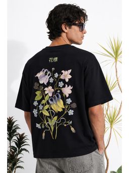 Snitch - Black Embroidery Half Sleeves Boxy Casual T-Shirt for Men