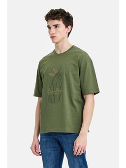 Snitch - Olive Embroidery Half Sleeves Boxy Casual T-Shirt for Men