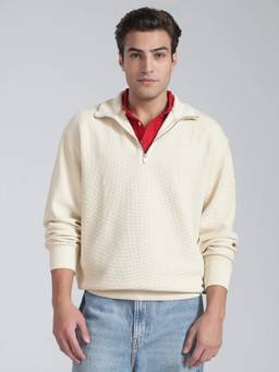 Tommy Hilfiger - Beige Textured Relaxed Fit Cotton Sweatshirt