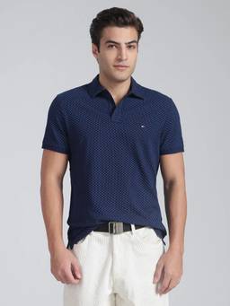 Tommy Hilfiger - Navy Blue Printed Regular Fit Cotton Polo T-Shirt