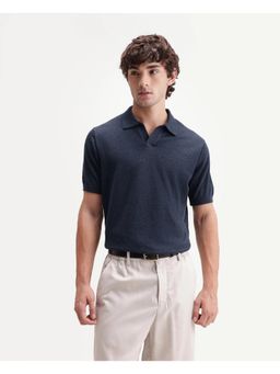 Rare Rabbit - Self Design Deep Navy Blue Men's Polo T-Shirt