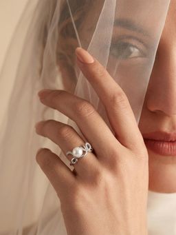 Ornate Jewels - 925 Silver Rhodium Plated White Round Pearl Elegance Ring