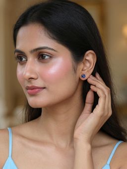 Ornate Jewels - 925 Silver Rhodium Plated Blue Sapphire Solitaire Stud Earrings