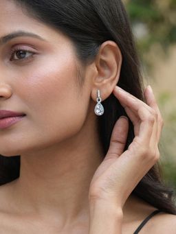 Ornate Jewels - 925 Silver Rhodium Plated White American Diamond Radiant Drop Glamour Earrings