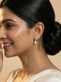 Ornate Jewels - 925 Silver Rhodium Plated Round White Pearl Dazzling Pearls Earrings