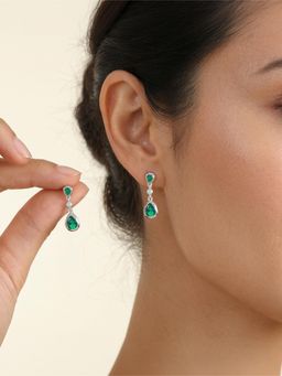 Ornate Jewels - 925 Silver Rhodium Plated Green Emerald Teardrop Treasures Earrings