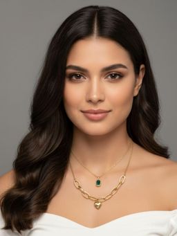 RACHIVA - 18K Gold Plated Layered Heart Green Stone Necklace