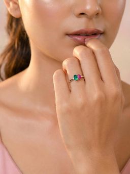 Ornate Jewels - 925 Silver Rhodium Plated Multi-Color Dual Delight Ring