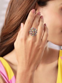 Ornate Jewels - 925 Silver Rhodium Plated Round Multi-Color Stone Spiral Symphony Ring