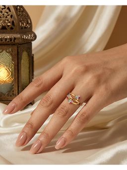 Ornate Jewels - 925 Silver Gold Round Multi-Color Stone Floral Ring