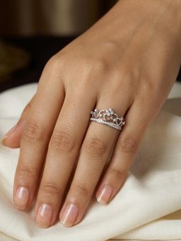 Ornate Jewels - 925 Silver Rhodium Plated White American Diamond Crown Of Hearts Ring